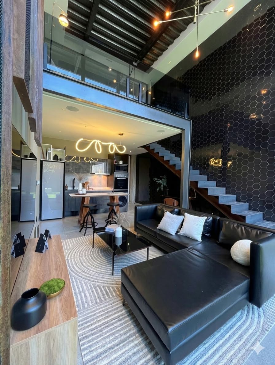 Un interior moderno con un sofá, una zona de comedor y una escalera.