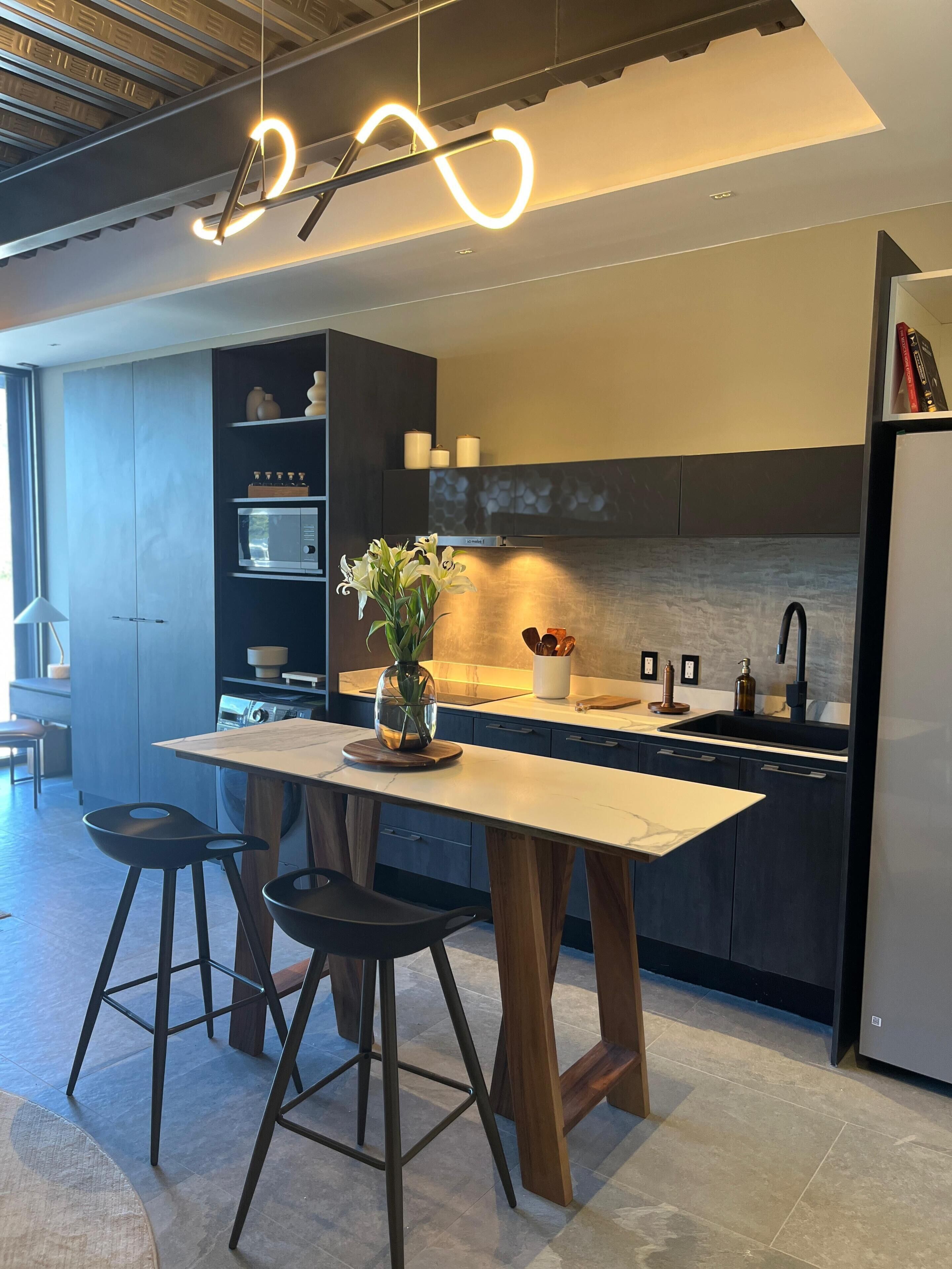 Apartamento Deluxe, vistas a la ciudad | Cocina privada | Frigorífico grande, microondas, horno y placa de cocina