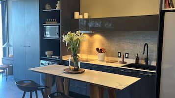 Apartamento Deluxe, vistas a la ciudad | Cocina privada | Frigorífico grande, microondas, horno y placa de cocina