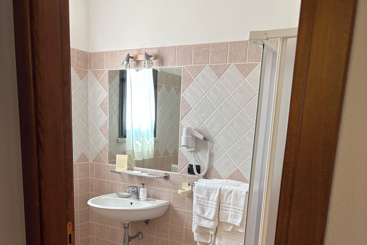 Shower, free toiletries, hair dryer, slippers