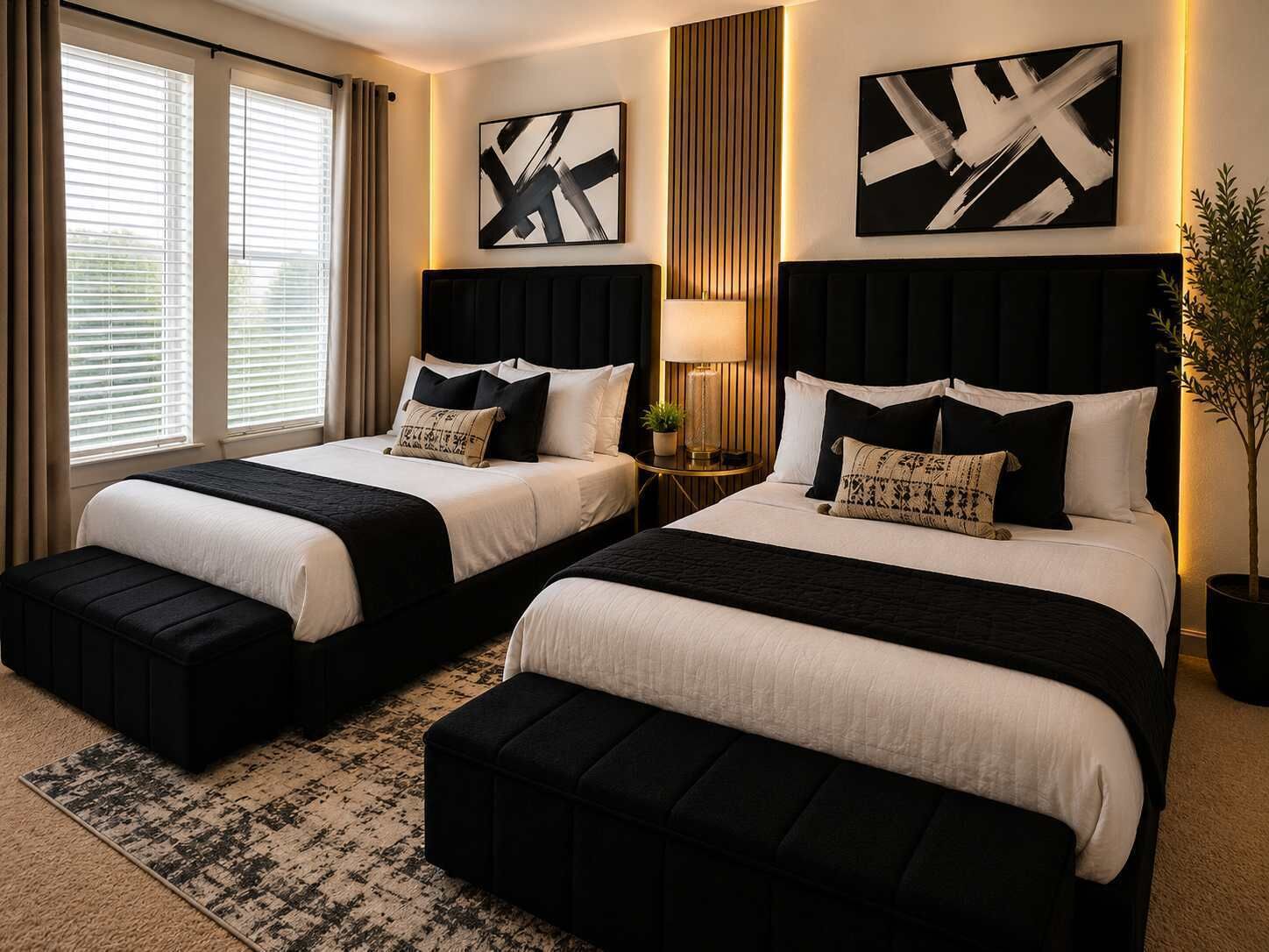 A hotel room with two beds, a large window with blinds, a floor lamp, and abstract wall art.
