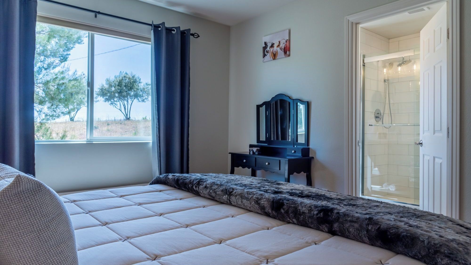 Quarto com cama, cômoda, janela com cortinas, um quadro na parede e um espaço com chuveiro.