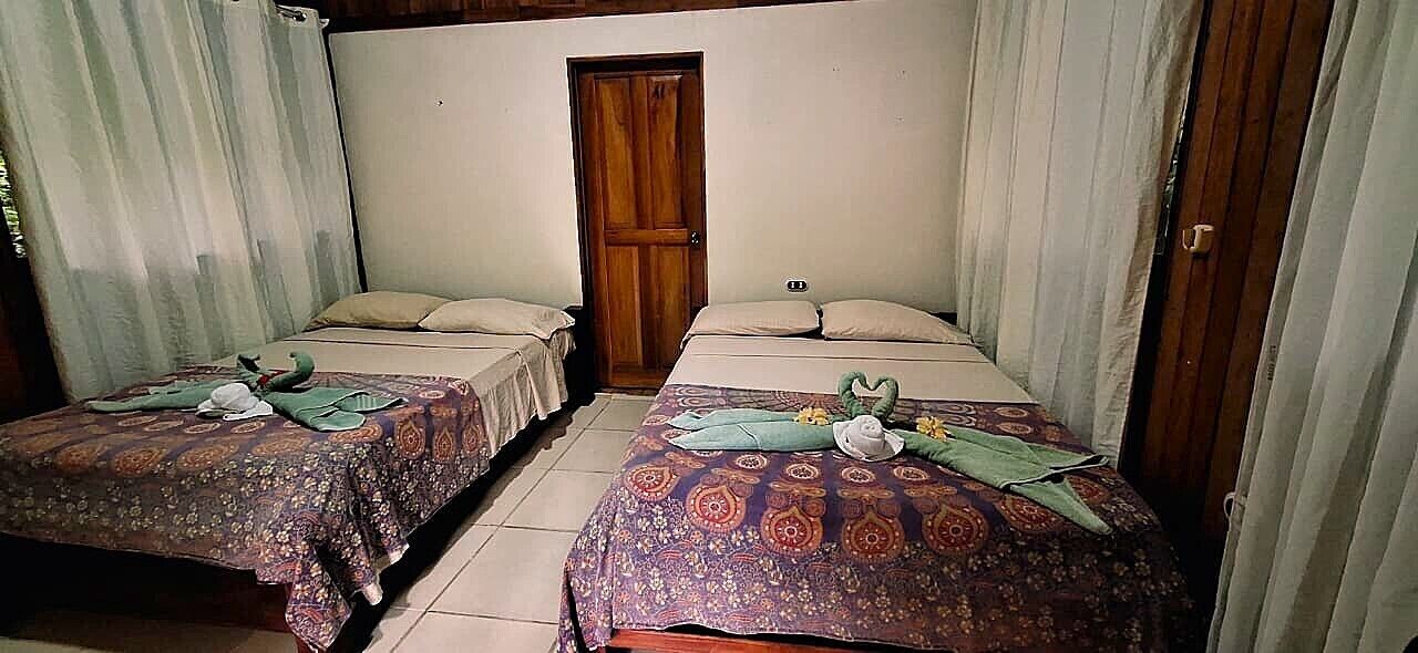 Una habitación con dos camas individuales, cada una con colchas y almohadas estampadas.