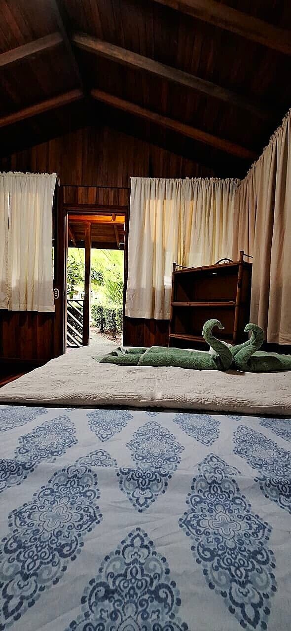Una habitación con una cama, una estantería de madera y vistas a través de una puerta abierta.