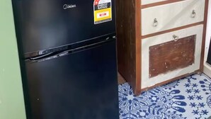 Eine kompakte Küchenzeile mit einem schwarzen Kühlschrank, einer Mikrowelle darüber, einem Holflanschrank mit Schubladen und einer Topfpflanze.