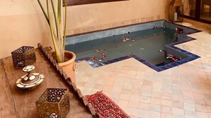 Pequena piscina coberta com chão de azulejos, rodeada por objetos decorativos e plantas.