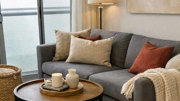 Ein modernes Wohnzimmer mit einem grauen Sofa, einem runden Couchtisch aus Holz und einer Stehlampe.