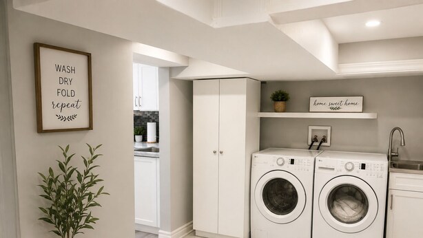 A laundry room with two front-loading washing machines, a sink, and a potted plant. - Maple Haven | Spacious 3BR Private Luxury Suite • Huge Yard • Sleeps 6 (Pickering)