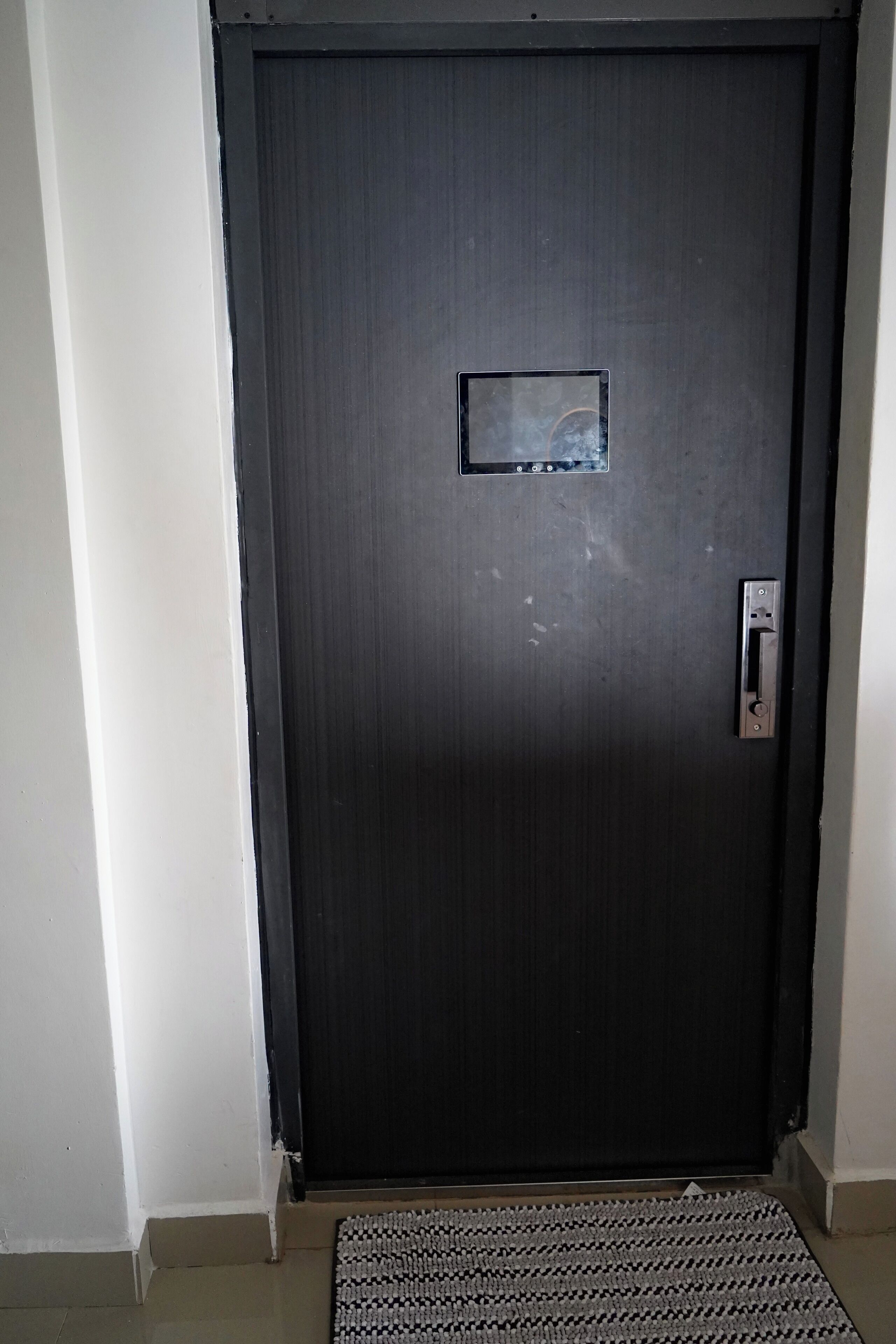 A dark-colored door with a rectangular window and a door handle.