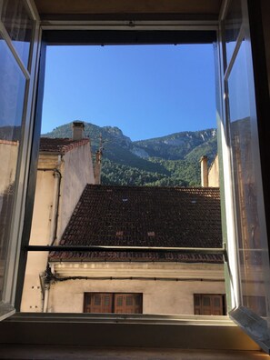 A window view of a building with a tiled roof and a mountain in the background. - Charming Townhouse - Stunning Views of the Pyrenees - Near a Swimming Pool - Sleeps 6 (Axat)