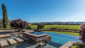 Ein Pool mit Steinstufen, umgeben von einem angelegten Garten mit Blick auf einen Weinberg und Hügel im Hintergrund.