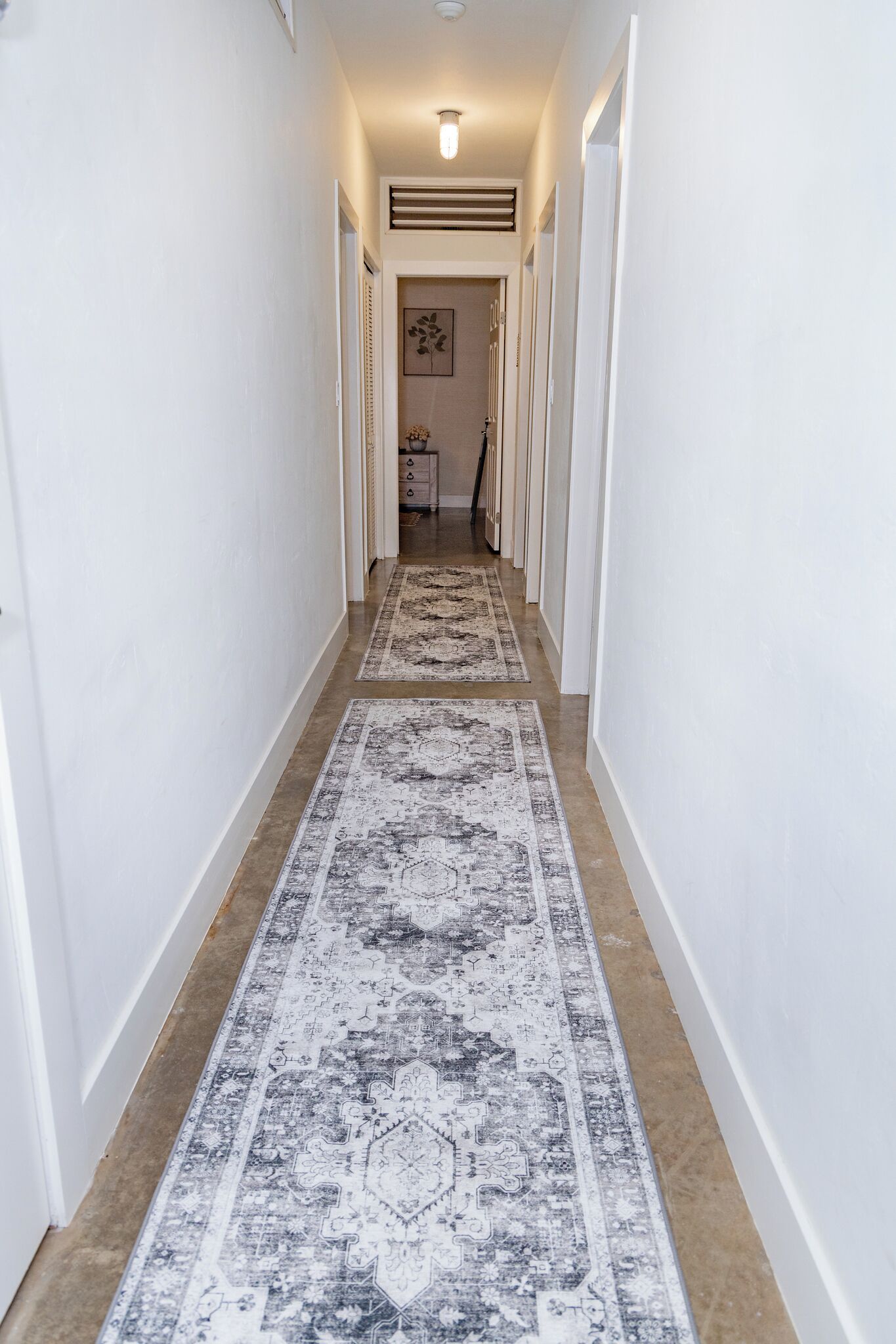 A hallway with two rugs, a door, and a wall-mounted artwork.