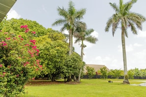 A well-maintained garden with palm trees, flowering bushes, and a grassy lawn.