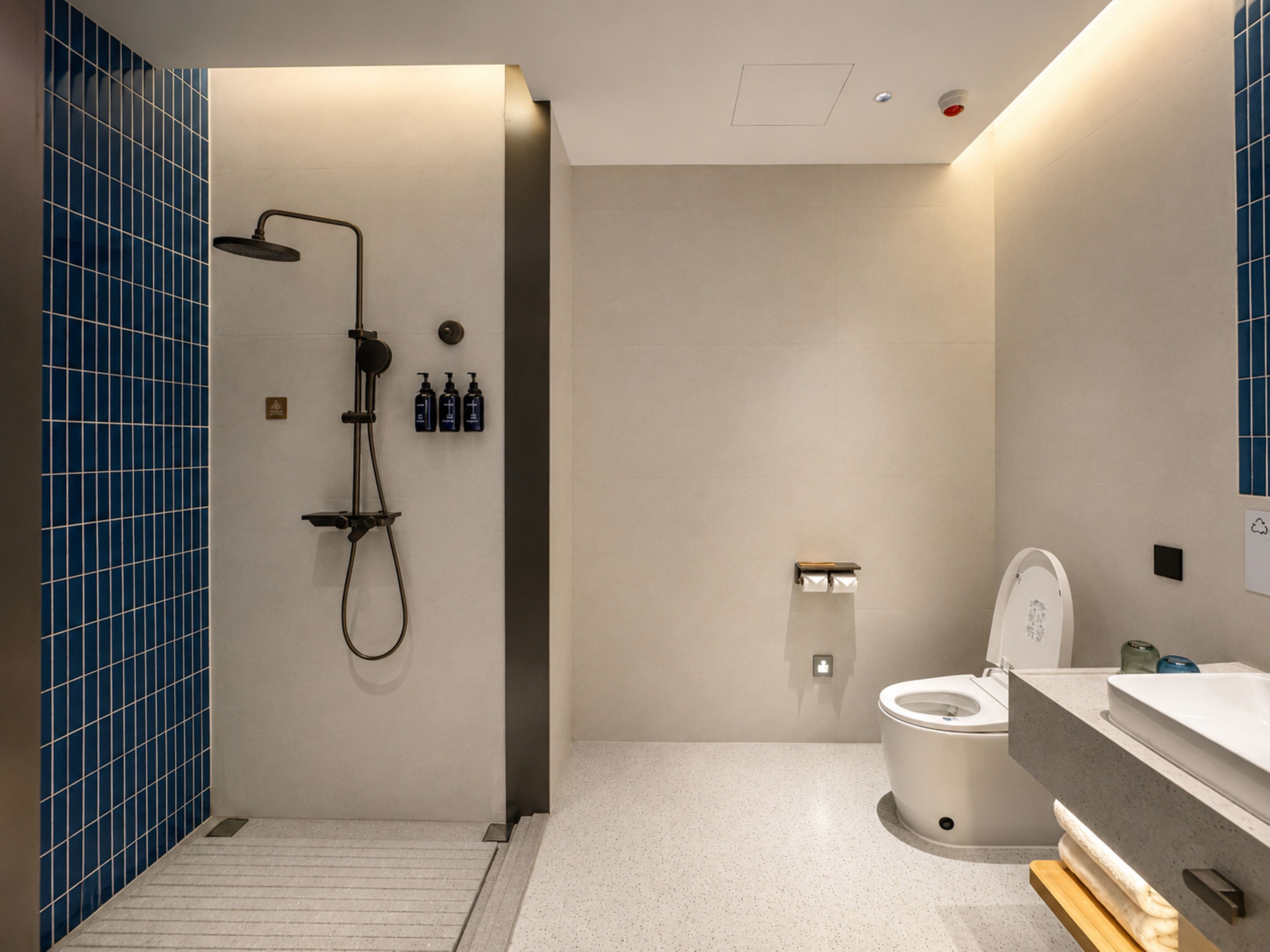 A modern bathroom with a shower, toilet, and sink.