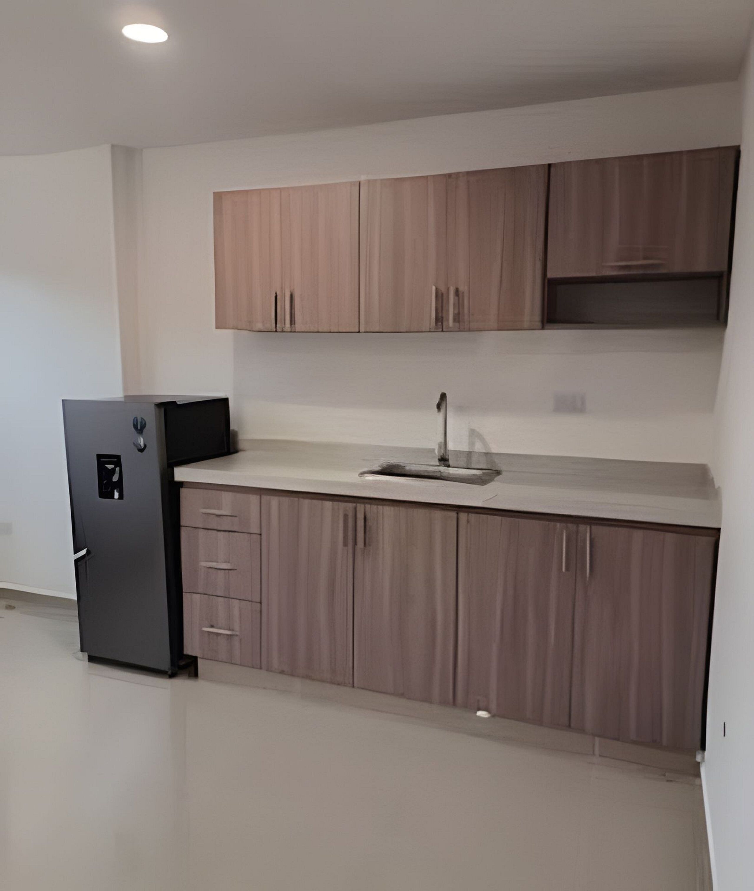 Une cuisine moderne avec des meubles de couleur bois clair, un réfrigérateur noir et un évier en acier inoxydable.