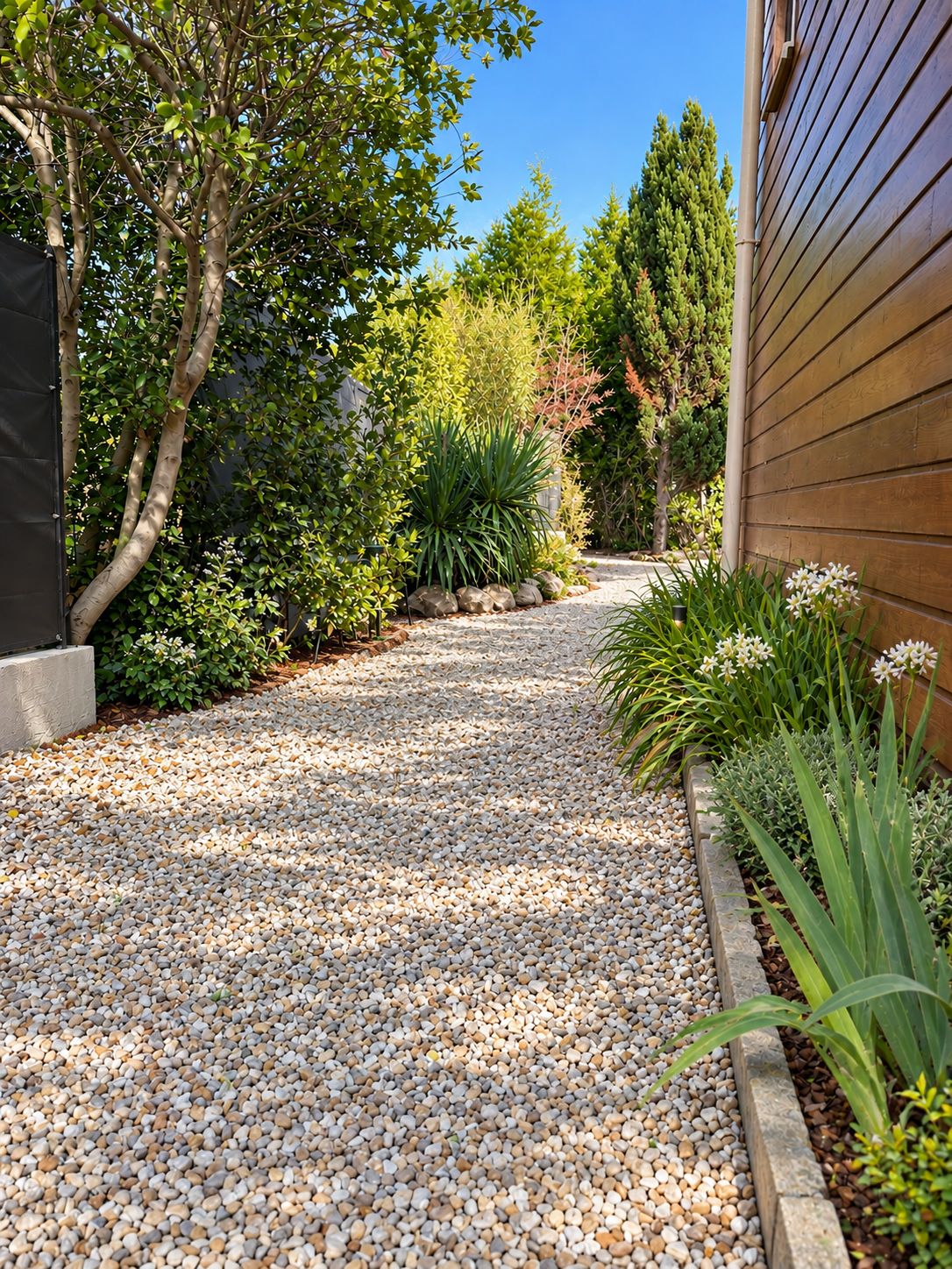 Un chemin de gravier mène à un bâtiment dont l’extérieur est en bois.