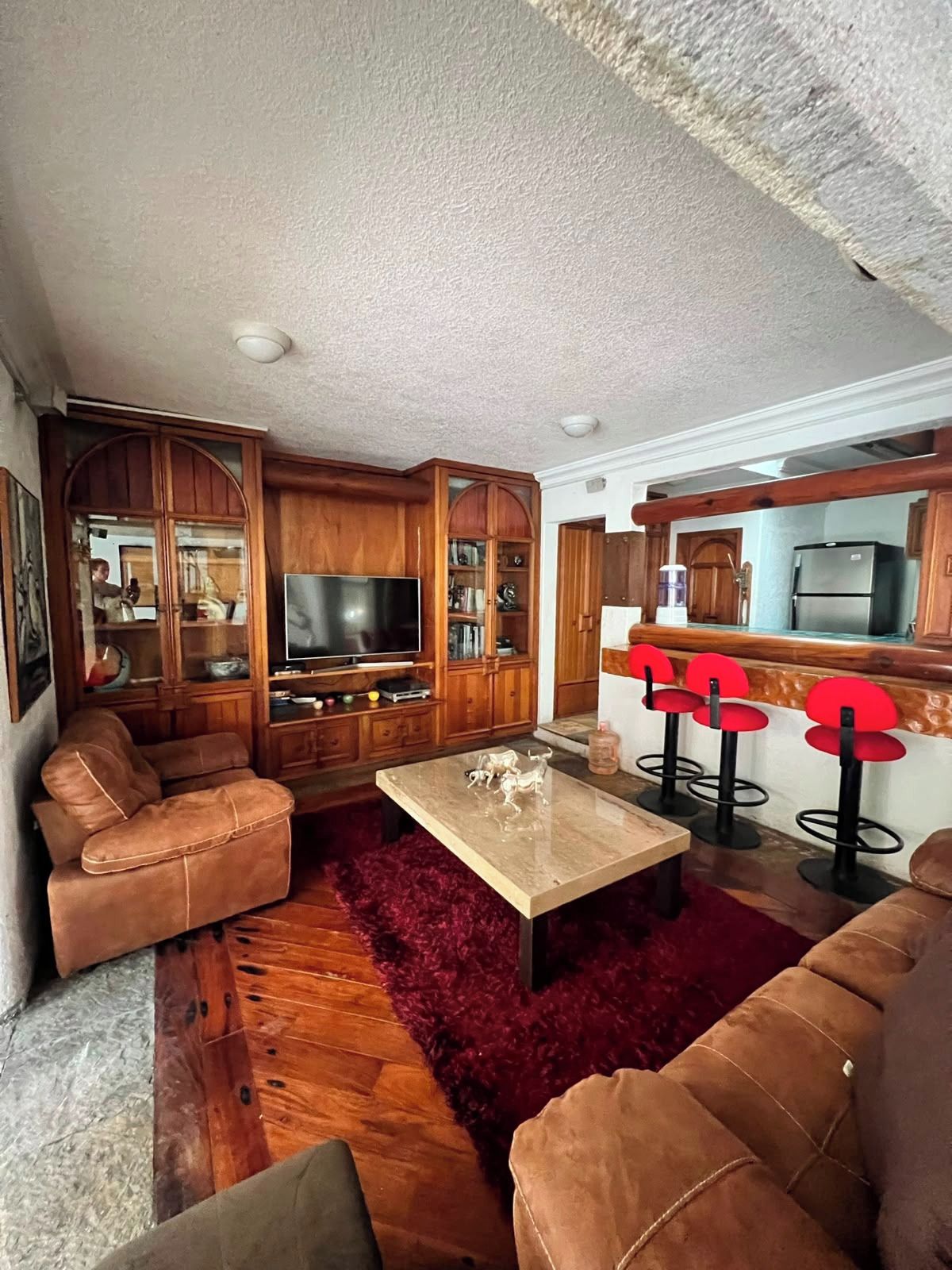 Una sala de estar con un sofá, una mesa de centro y un televisor. Se observan armarios de madera y una zona de cocina con un refrigerador.