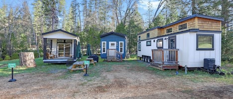 A row of mobile homes with a picnic table and a sign indicating Tiny Blue Parking.