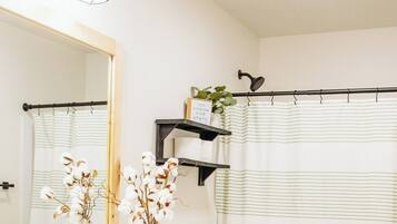 Shower, hair dryer, shampoo