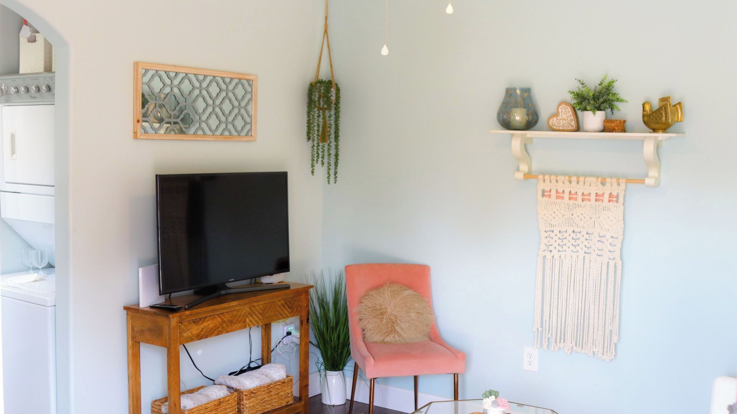 A living room with a flat-screen TV on a wooden stand, a pink chair, a wall-mounted shelf with decorative items, and a hanging plant.