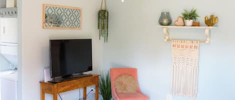 A living room with a flat-screen TV on a wooden stand, a pink chair, a wall-mounted shelf with decorative items, and a hanging plant.