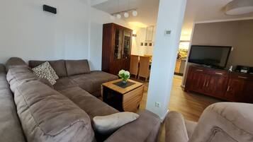 Fernseher, DVD-Player, Bücher, Stereoanlage