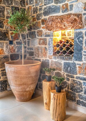 A stone wall with a large terracotta pot and potted plants. - Stone horizon villa (Myrthianos Plakias)