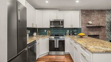 Fridge, dishwasher, cookware/dishes/utensils