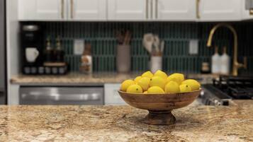 Fridge, dishwasher, cookware/dishes/utensils