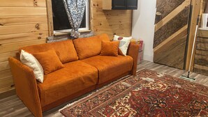 Un interior de madera con un sofá, cortinas estampadas, un armario y una alfombra decorada.