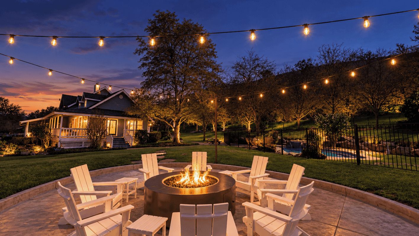 A patio with a fire pit surrounded by chairs, a swimming pool, and a house in the background.