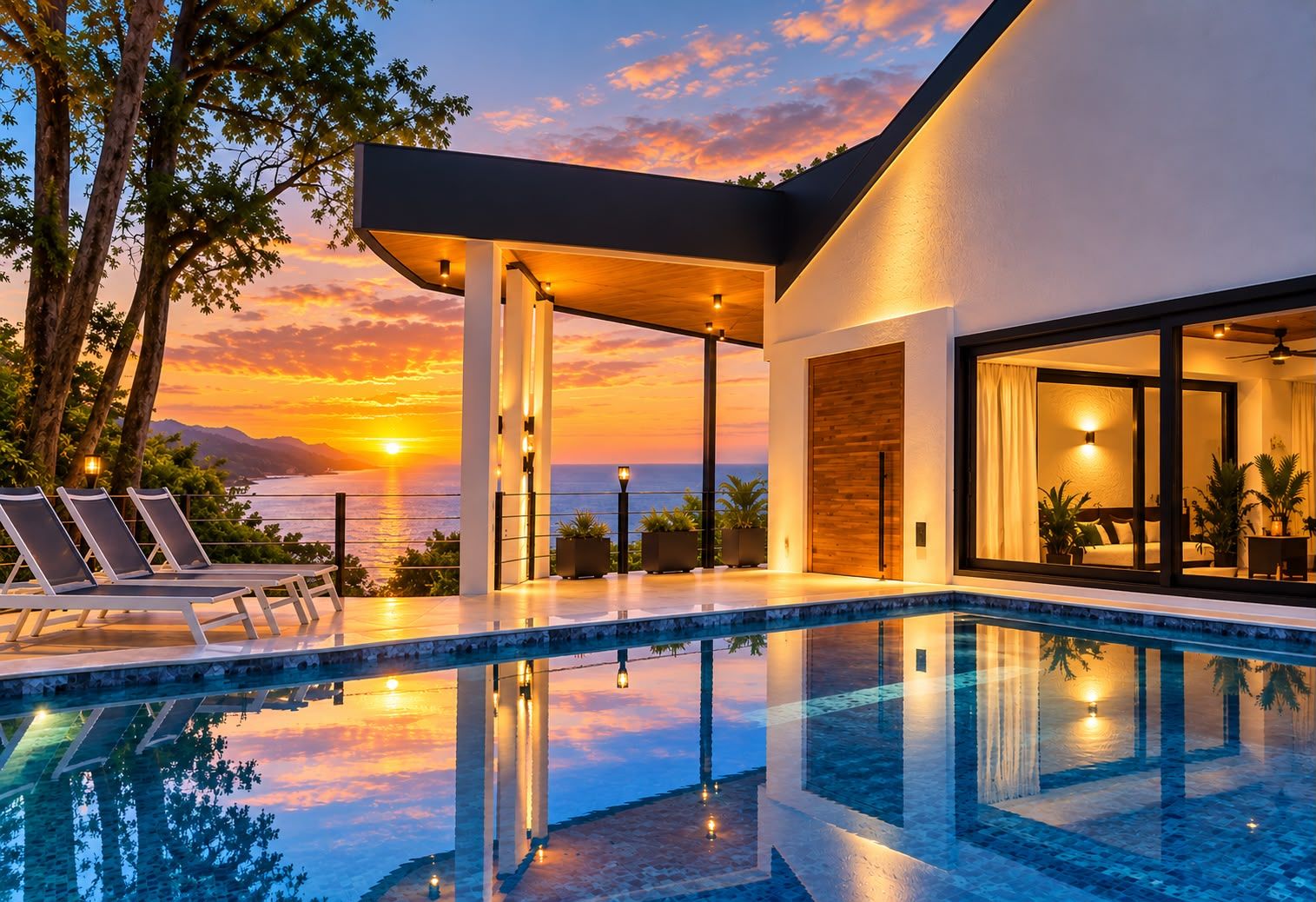 Ein moderner Poolbereich mit Liegestühlen, einem Pool und Blick auf den Sonnenuntergang über dem Meer.