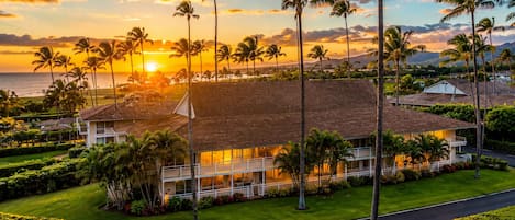 A beachfront property with a large house, palm trees, and a view of the ocean at sunset.