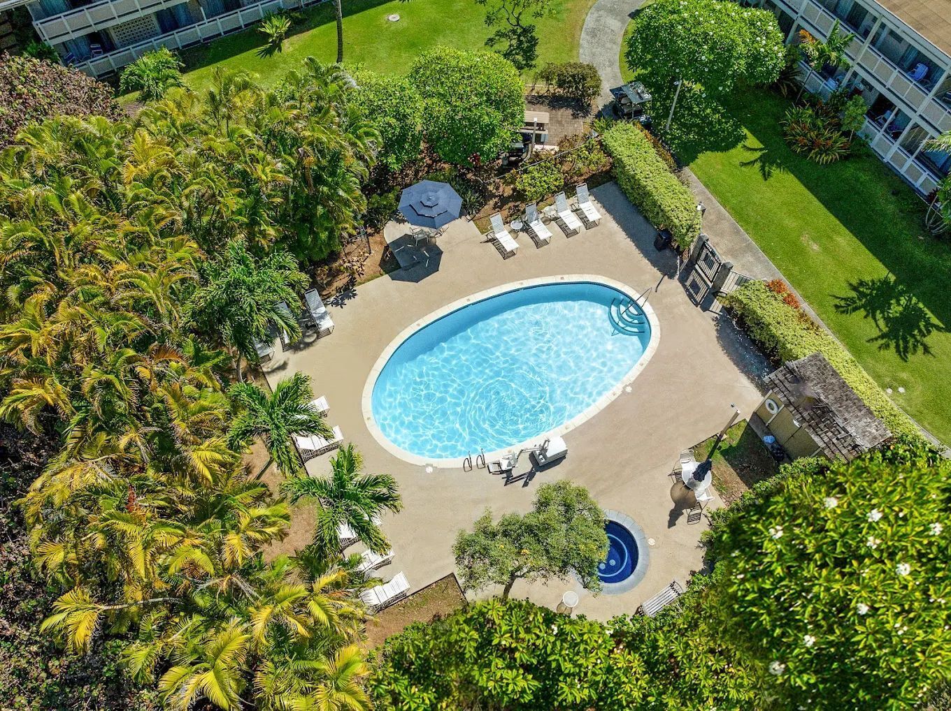 Vista aérea de un complejo turístico con piscina central, sillones de descanso y jardines tropicales.