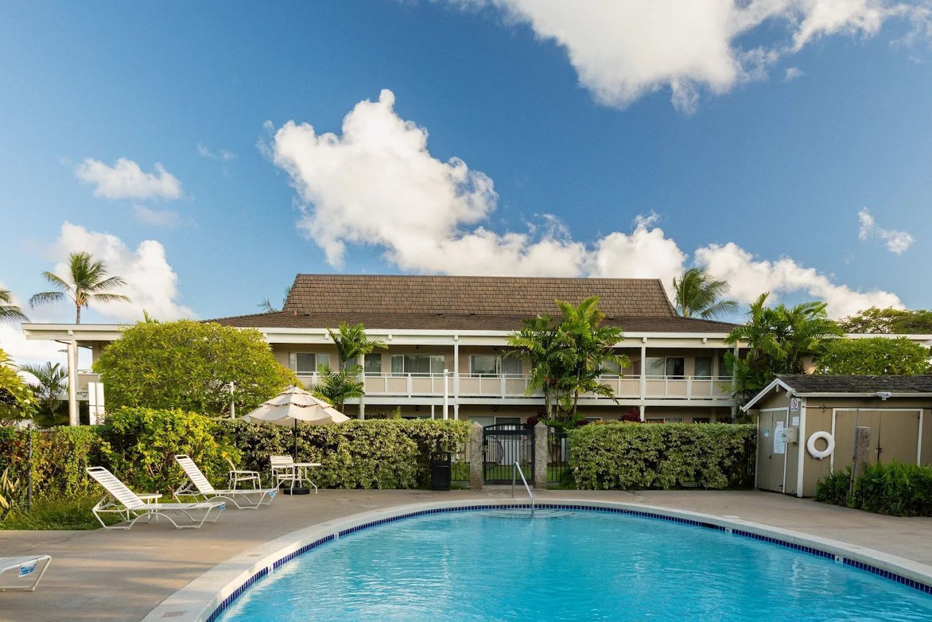 A hotel with a swimming pool, lounge chairs, and palm trees.