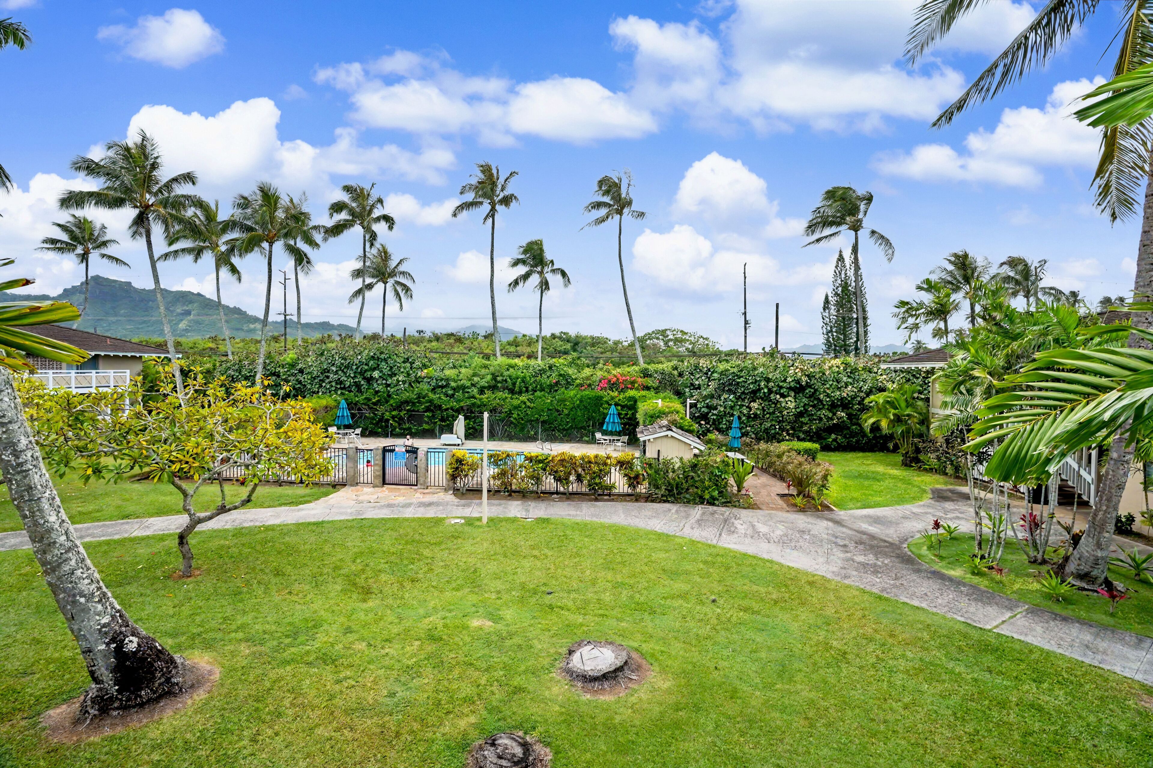 A well-maintained garden with palm trees, a pool area, and a view of a mountain range.