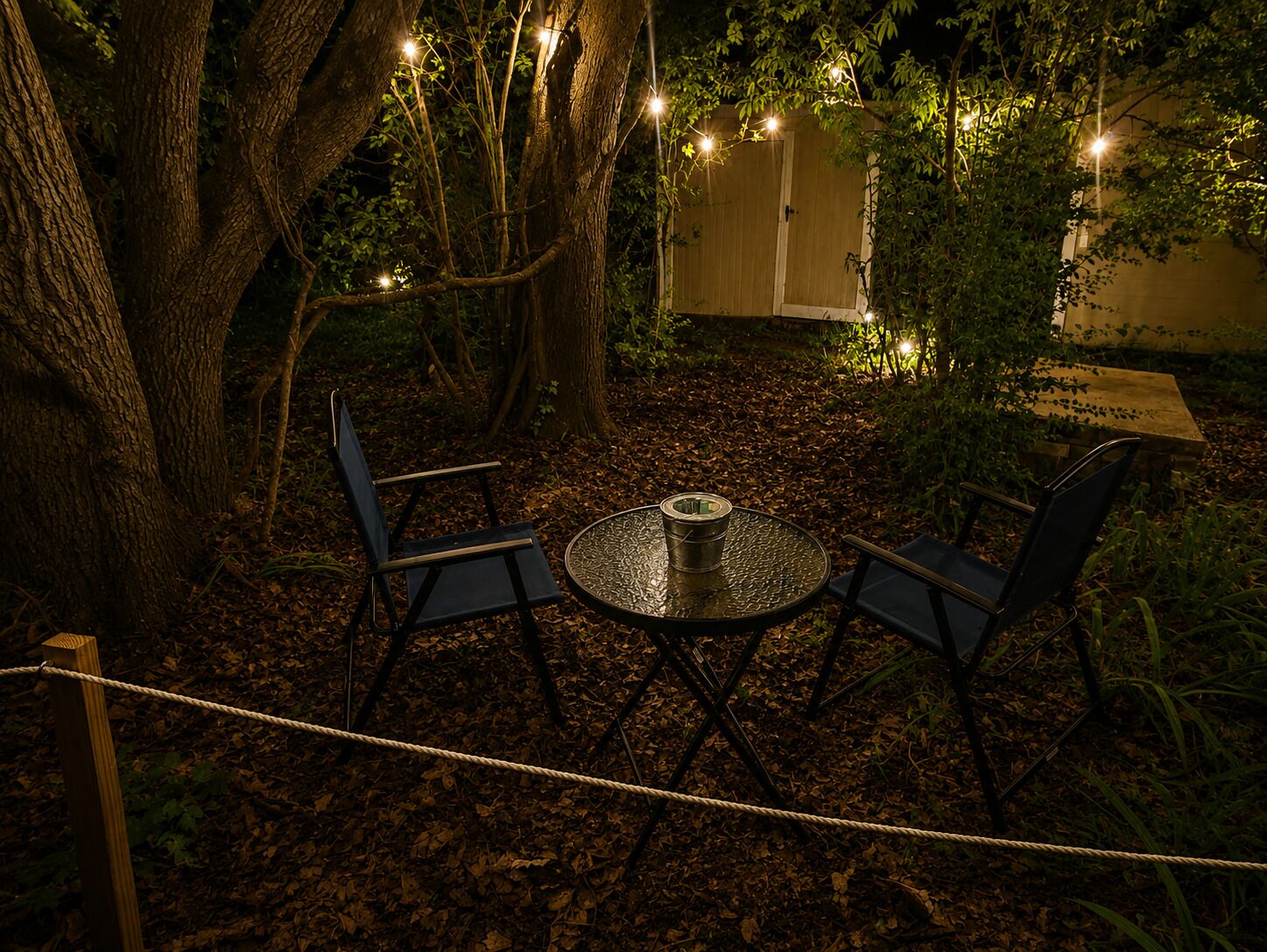 An outdoor seating area with a round table and two chairs, surrounded by trees and string lights.