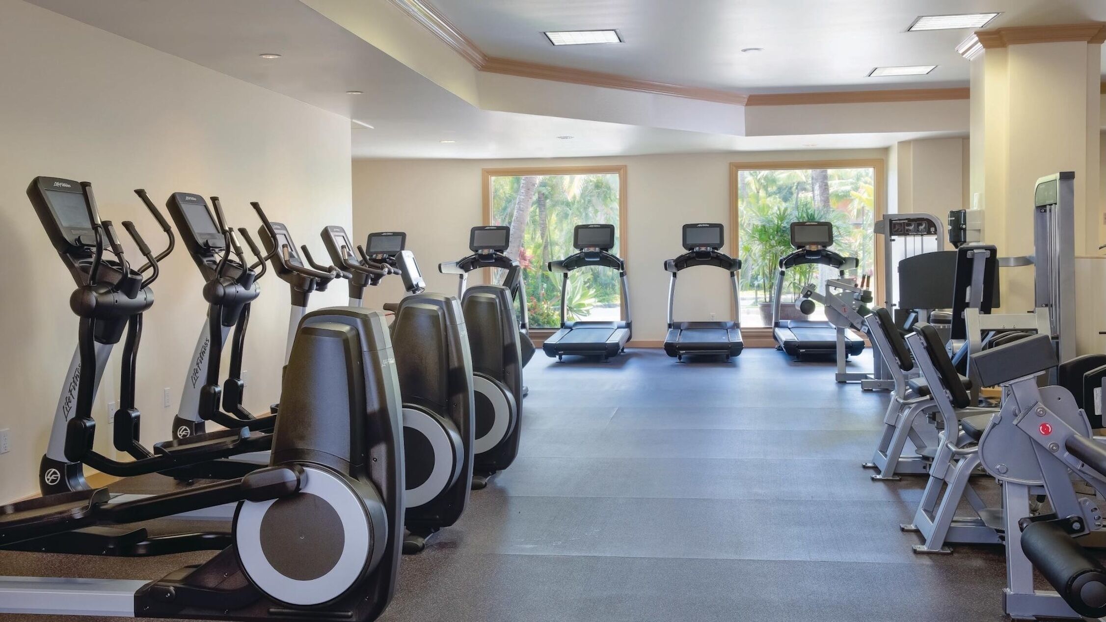 Uma academia com diversos aparelhos de cardio, esteira e equipamentos de musculação.