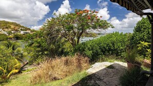 A tropical garden with a variety of plants and a view of a lake. - Beachfront Villa - Private Paradise (Le Robert)