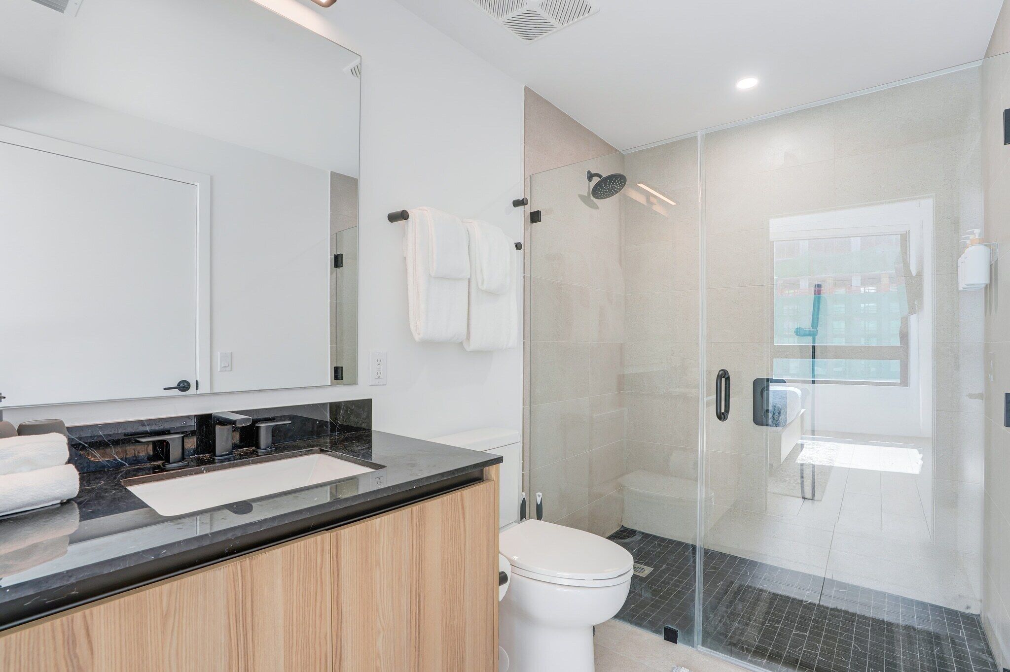 A modern bathroom with a glass-enclosed shower, a sink with a black countertop, and a toilet.