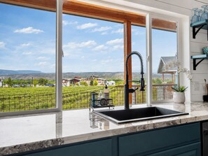 Une cuisine dotée d’une grande fenêtre donnant sur un vignoble, d’un robinet moderne et d’un plan de travail en marbre.