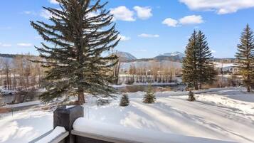 A snowy landscape with evergreen trees and a clear sky.