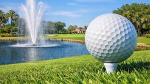 Una pallina da golf su un tee in un prato curato, con una fontana sullo sfondo.