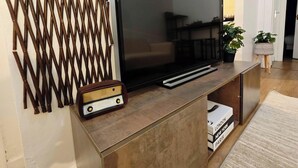 A modern living room with a flat-screen TV on a wooden console, a decorative wall panel, and a small potted plant.