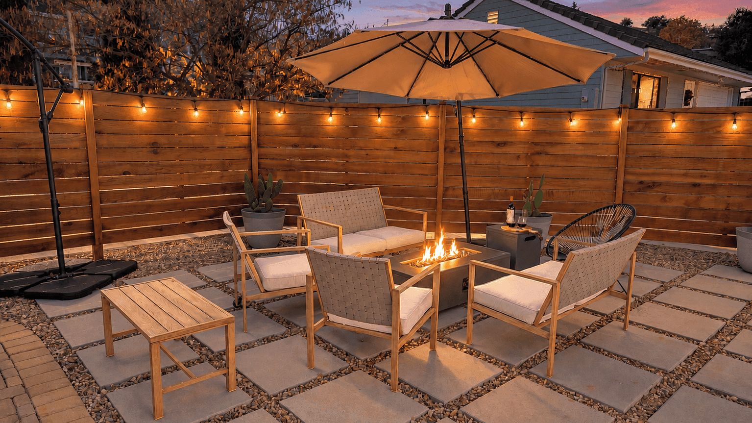 An outdoor patio with wooden furniture, a fire pit, and string lights.