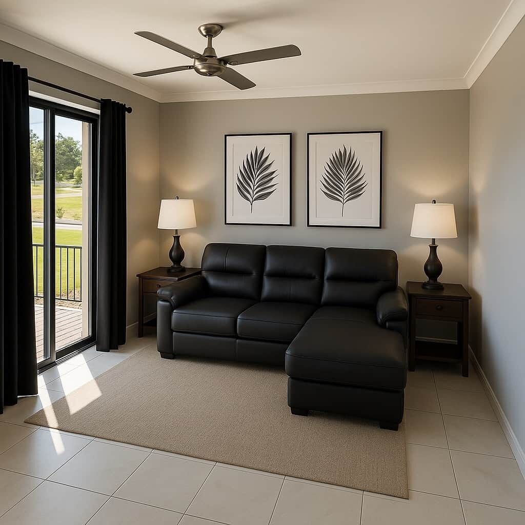 A modern living room with a sectional sofa, two side tables with lamps, a ceiling fan, and two framed leaf artworks on the wall.