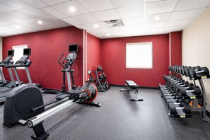 Ein Fitnessraum mit Laufbändern, Crosstrainern, einem Ergometer, einer Bank und einer Hantelbank.