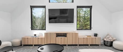TV, fireplace, books