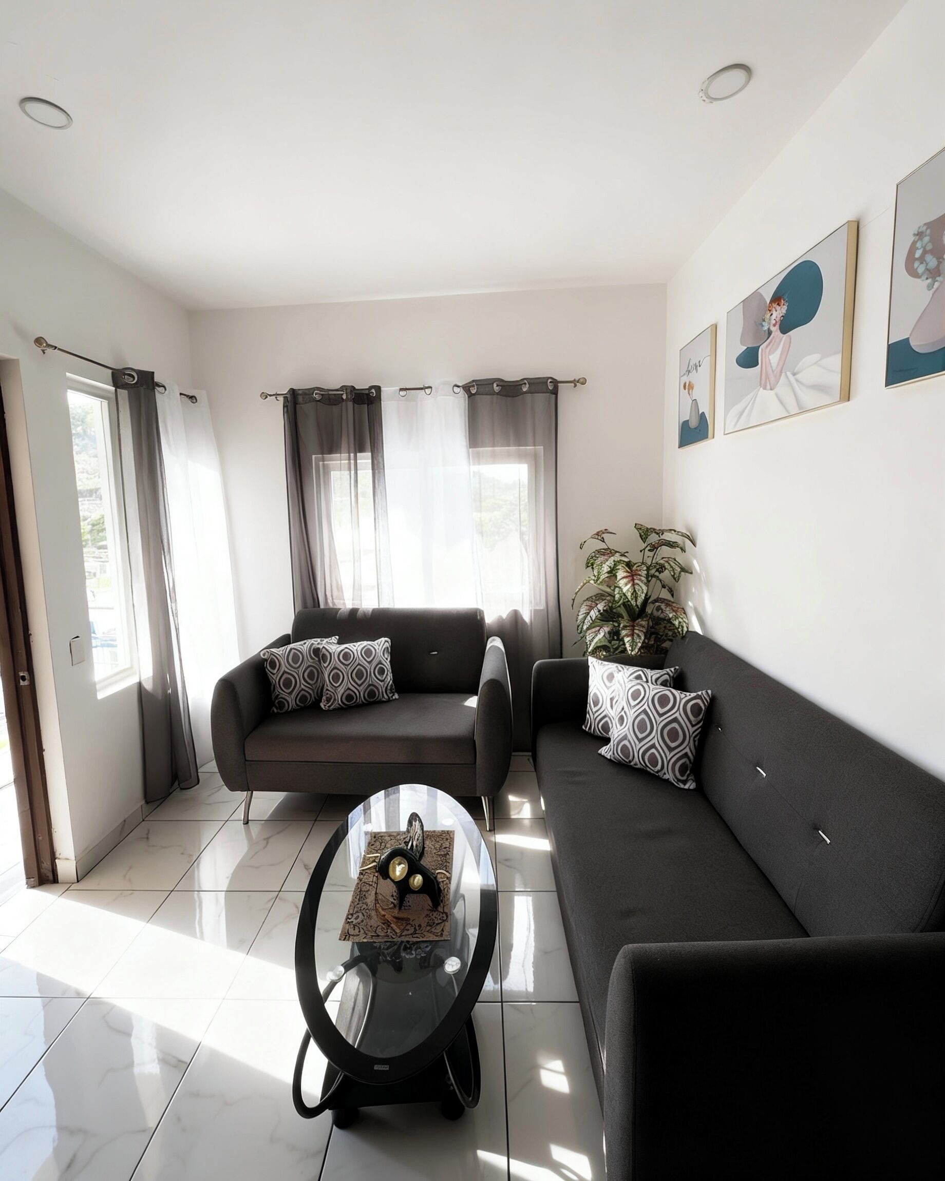 A modern living room with a sectional sofa, a glass coffee table, and a potted plant.