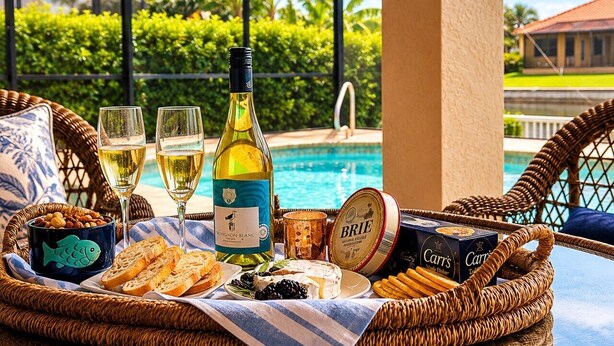 A wicker table with a bottle of wine, glasses, cheese, crackers, and a fish-shaped bowl. - Gullaby Getaway - Pool, Wide Canal, Sleeps 7 (Cape Coral)